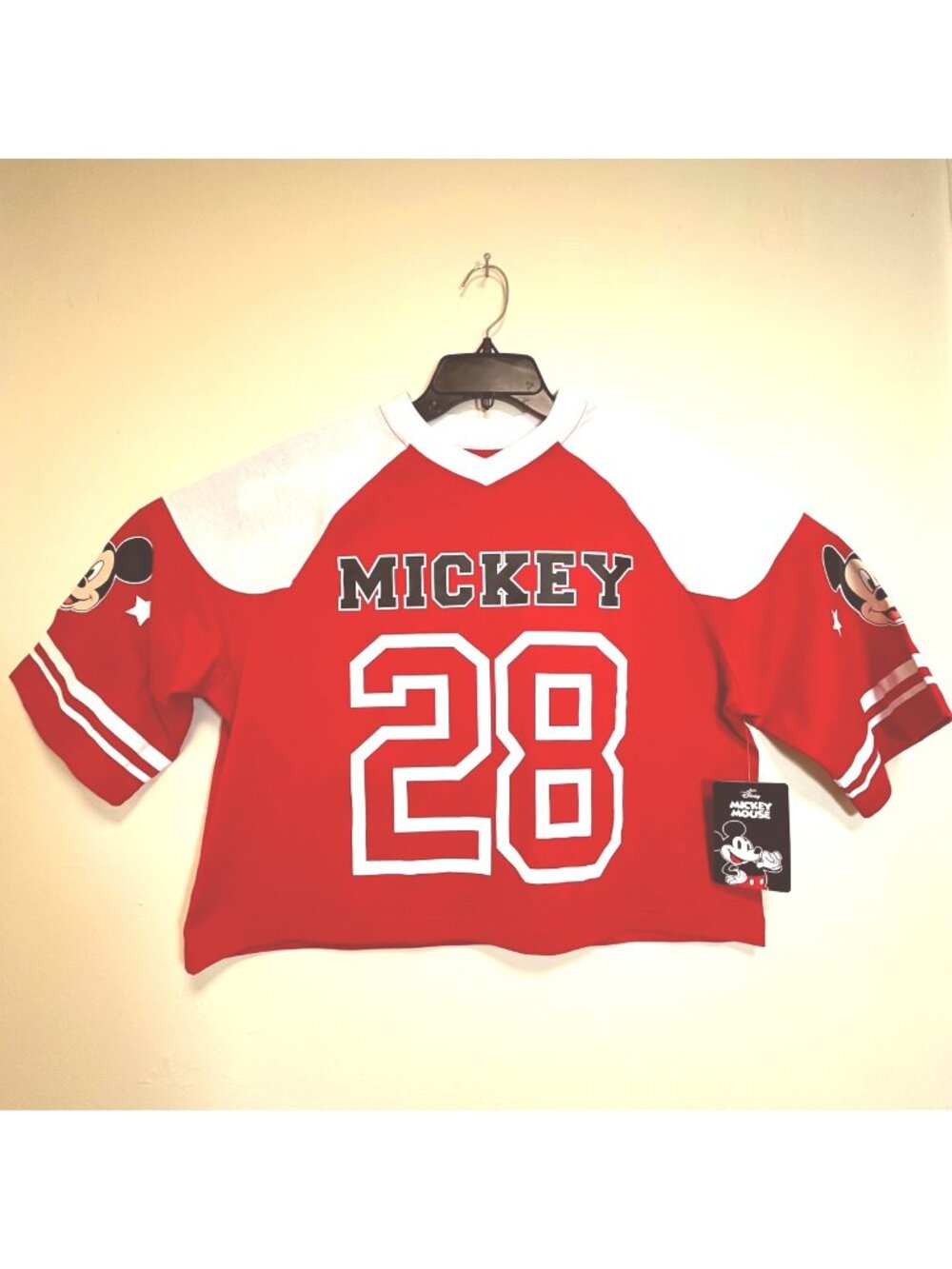 NWT Mickey Mouse Disney Red White Graphic Jersey Women's XS Oversize Crop
